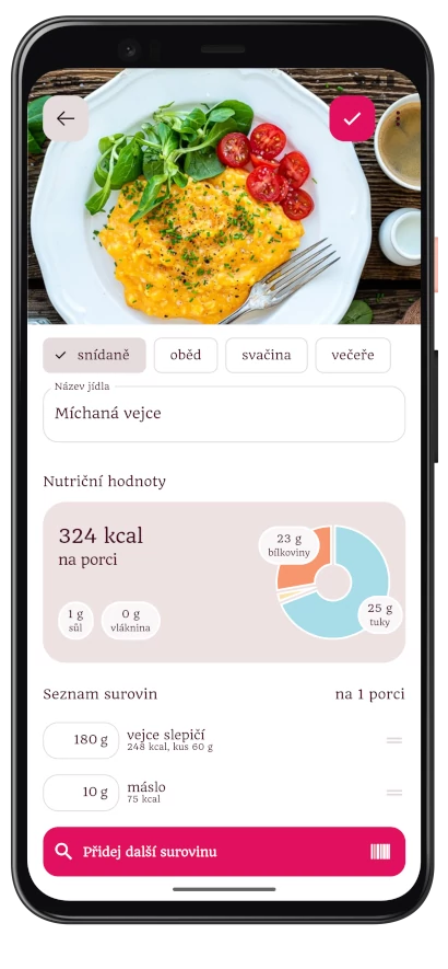 Snímek obrazovky s úpravou receptu.
