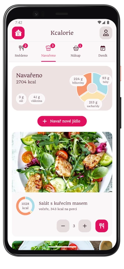 Snímek obrazovky stránky navařených jídel.