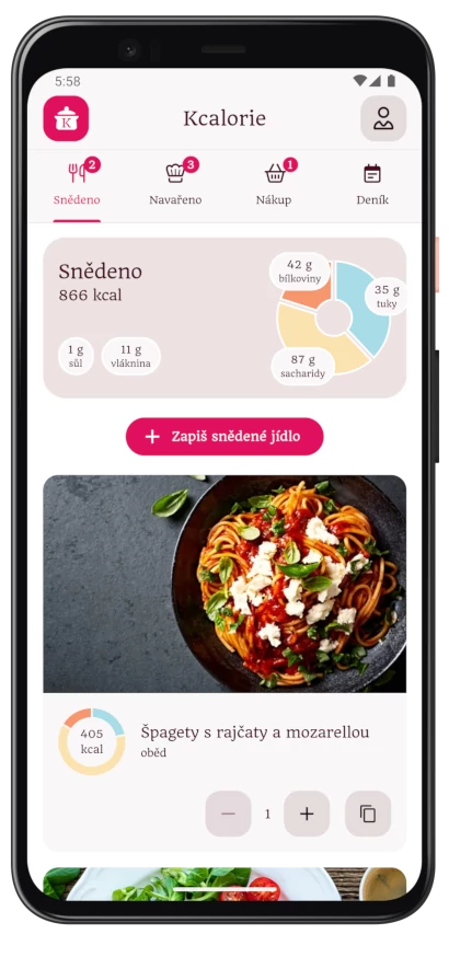 Snímek obrazovky stránky snědených jídel.